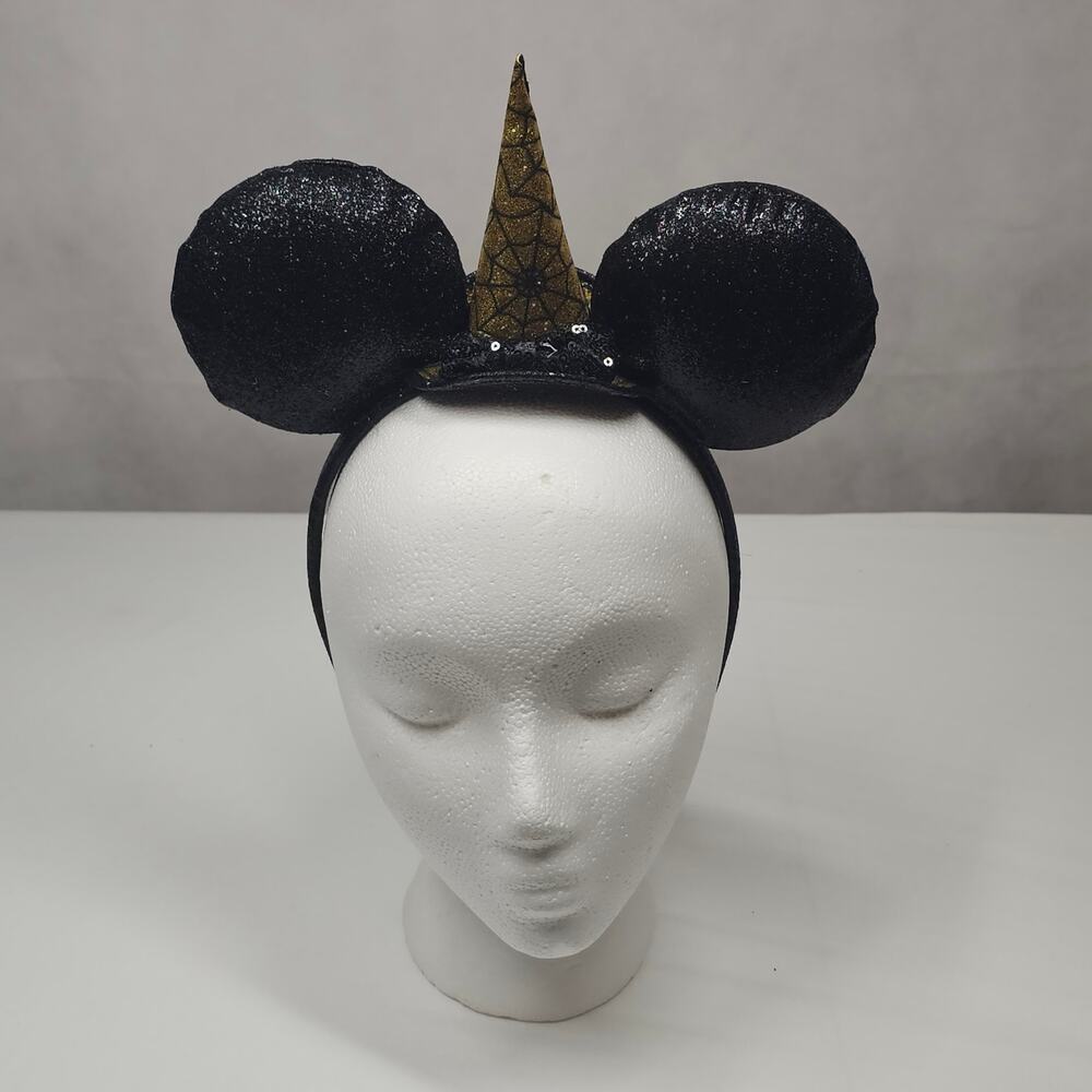 Disney Halloween Minnie Mouse Ears Headband Black Glitter Gold Witch Hat NWOT